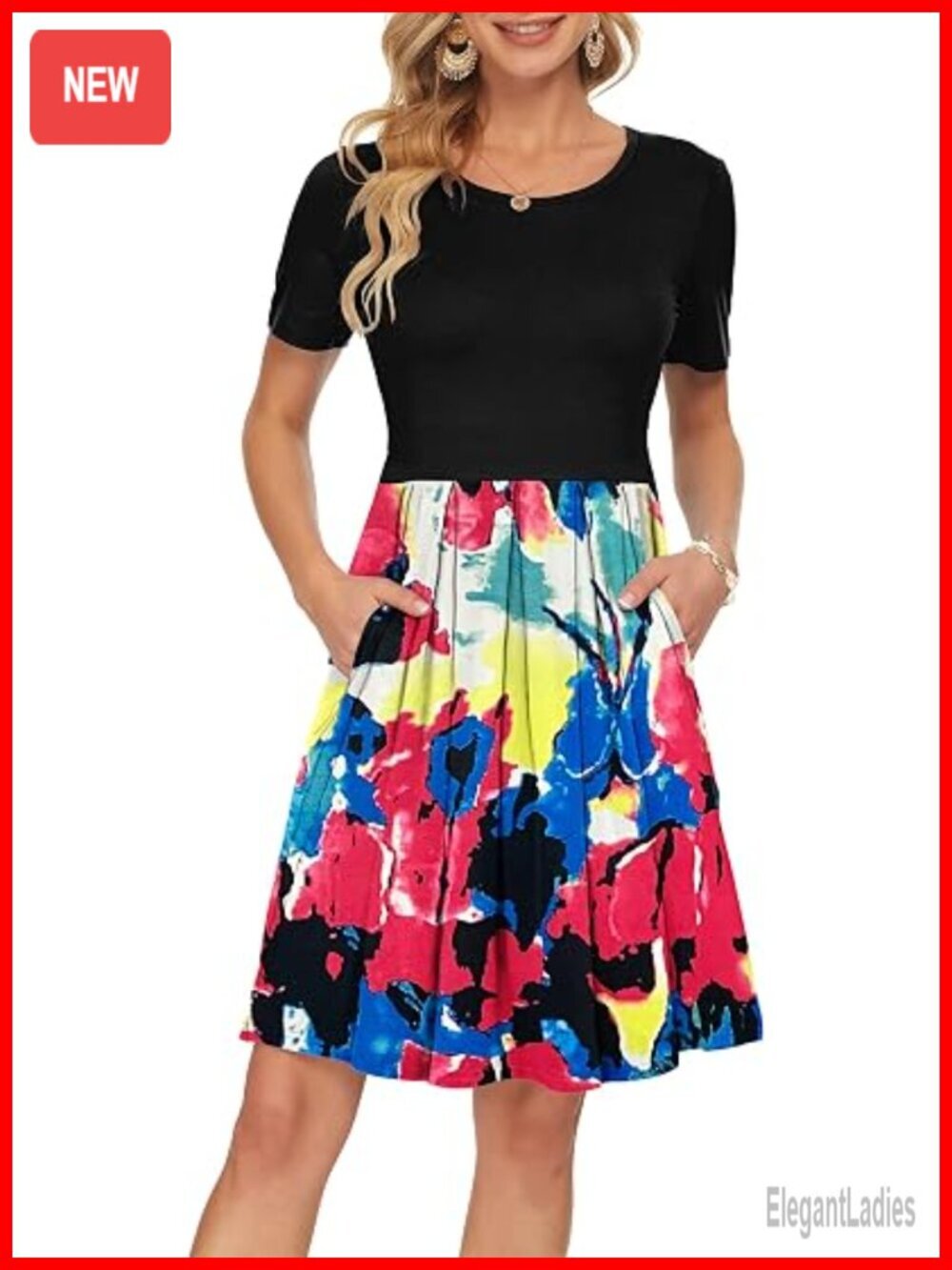 Women's Short Sleeve Pleated Swing Knee Length Dress with Pockets